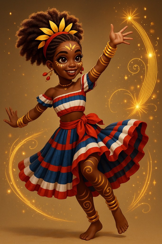 A joyful character with curly hair, wearing a vibrant dress with red and blue stripes, adorned with gold jewellery and a flower headband, dancing against a golden background with sparkling effects.
