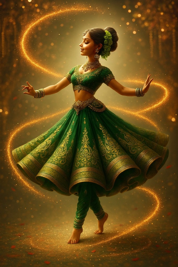 A graceful female dancer wearing a traditional green lehenga, adorned with intricate golden patterns. She is posing elegantly with one hand raised, surrounded by shimmering golden swirls against a soft, glowing background.