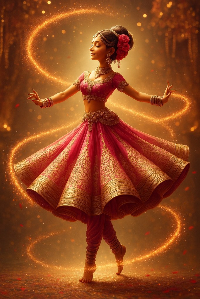 A woman in an intricate pink and gold traditional outfit is dancing gracefully. She has a joyful expression and is adorned with jewellery, including a headpiece and floral accents, with shimmering lights and swirling patterns in the background.