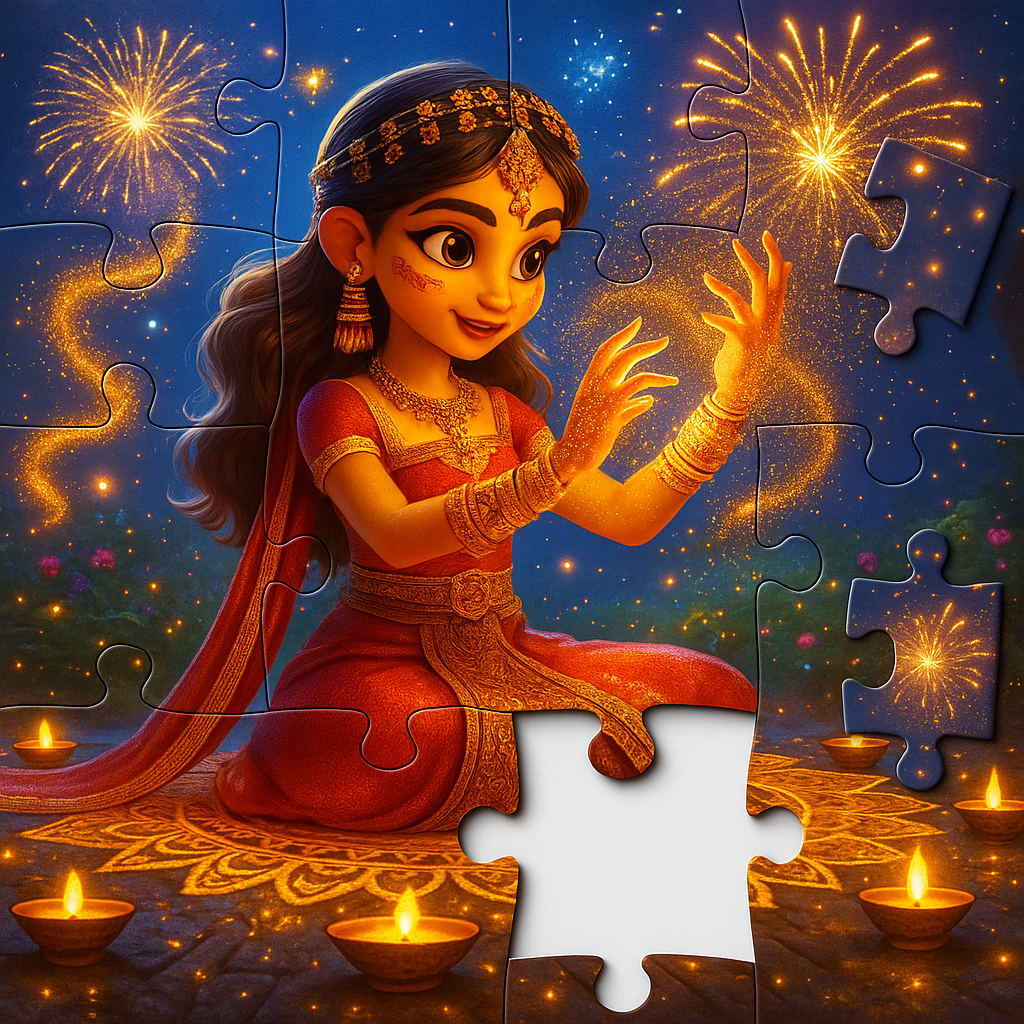 A cartoon south asian girl dressed in traditional attire is sitting among decorative lamps, with sparkling fireworks in the background, completing a jigsaw puzzle with a missing piece.