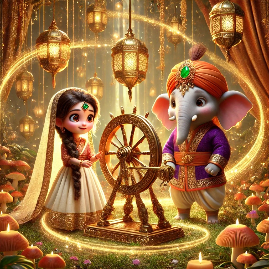 A young girl in traditional attire stands beside a friendly elephant wearing royal clothing, both illuminated by golden lanterns in a magical, garden setting with flowers and glowing mushrooms.