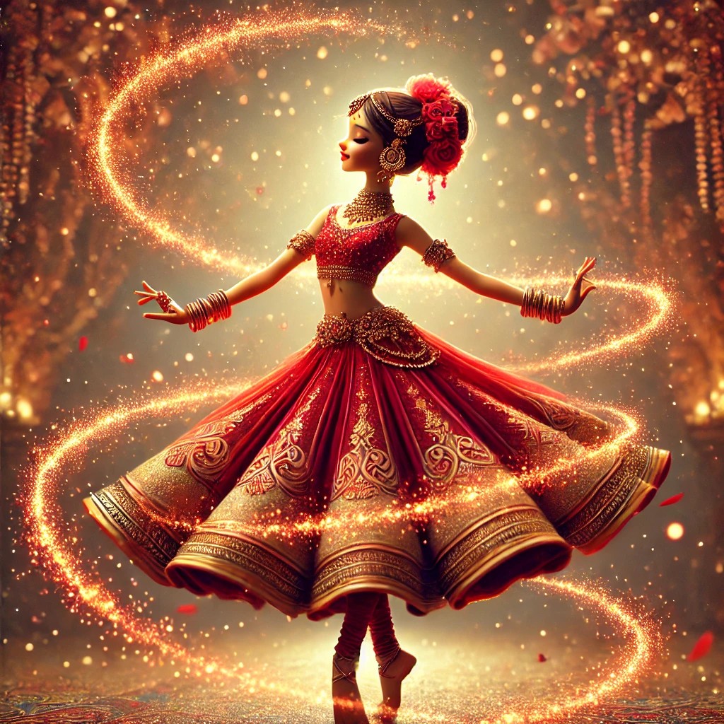 A dancer in traditional attire, twirling in a vibrant red and gold lehenga, surrounded by shimmering sparkles and petals, set against a softly glowing background.