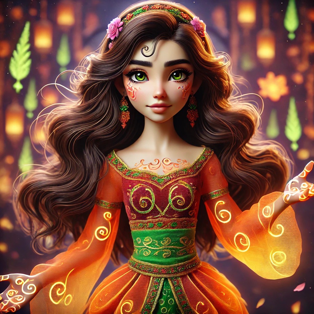 A beautifully designed animated character with long, flowing hair and striking green eyes, wearing a vibrant orange and green dress adorned with intricate patterns and floral details.