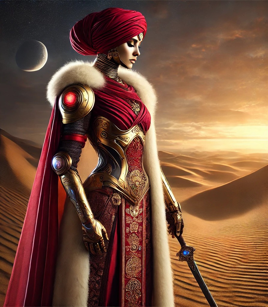 A regal warrior woman in ornate red and gold attire, featuring a fur-trimmed cloak and a headscarf, stands confidently in a desert landscape at sunset, holding a sword.