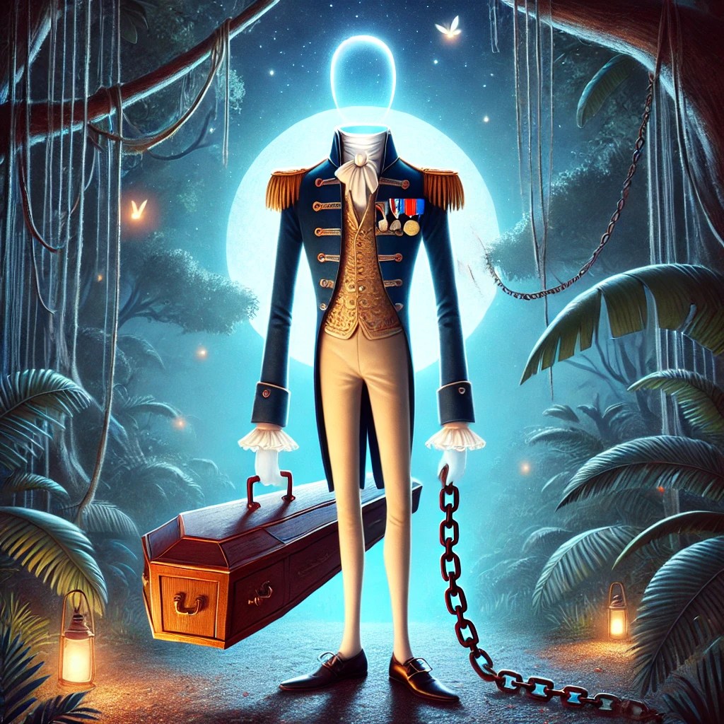 A ghostly figure in a formal blue military uniform stands in a jungle setting, holding a wooden coffin with a chain attached. The figure has no visible head and is silhouetted against a large glowing moon.