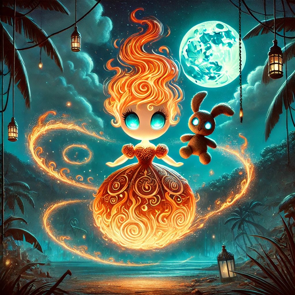 A whimsical character with fiery hair and a glowing dress, holding a plush bunny, surrounded by swirling flames against a moonlit tropical backdrop.