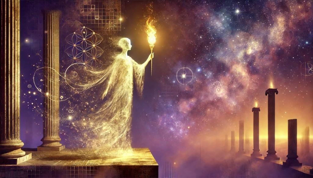A mystical figure made of light holding a torch stands before ancient pillars against a cosmic backdrop filled with stars and swirling galaxies.