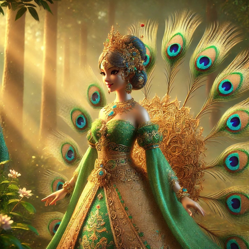 A beautifully detailed doll dressed in a green and gold gown, adorned with peacock feathers and intricate jewellery, set against a soft, forest background with dappled sunlight.