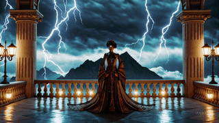 A figure wearing a dramatic, elaborate gown stands on a balcony, surrounded by lightning in a stormy sky and mountains in the background.