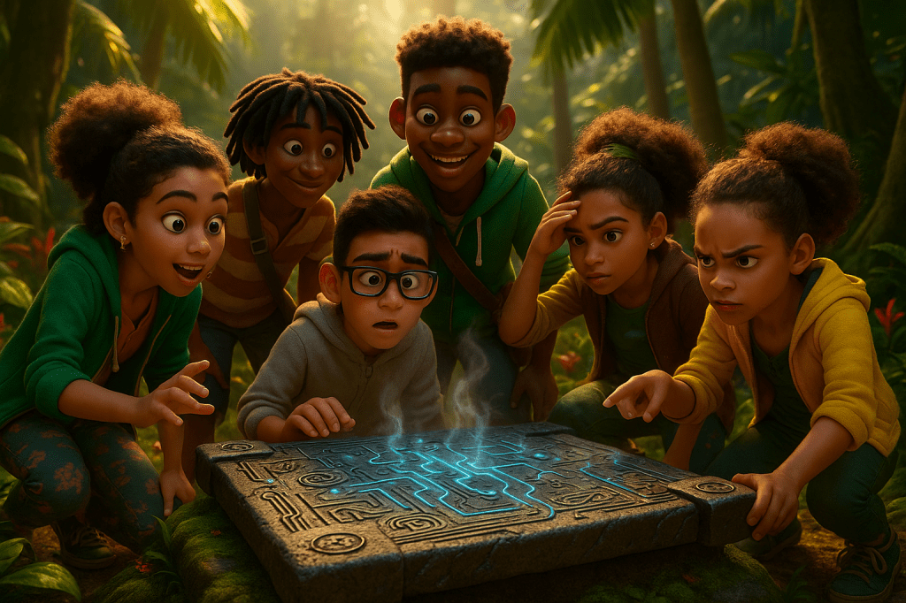 A group of six children, excitedly gathered around a glowing stone tablet in a lush jungle setting, engaged in solving a puzzle.