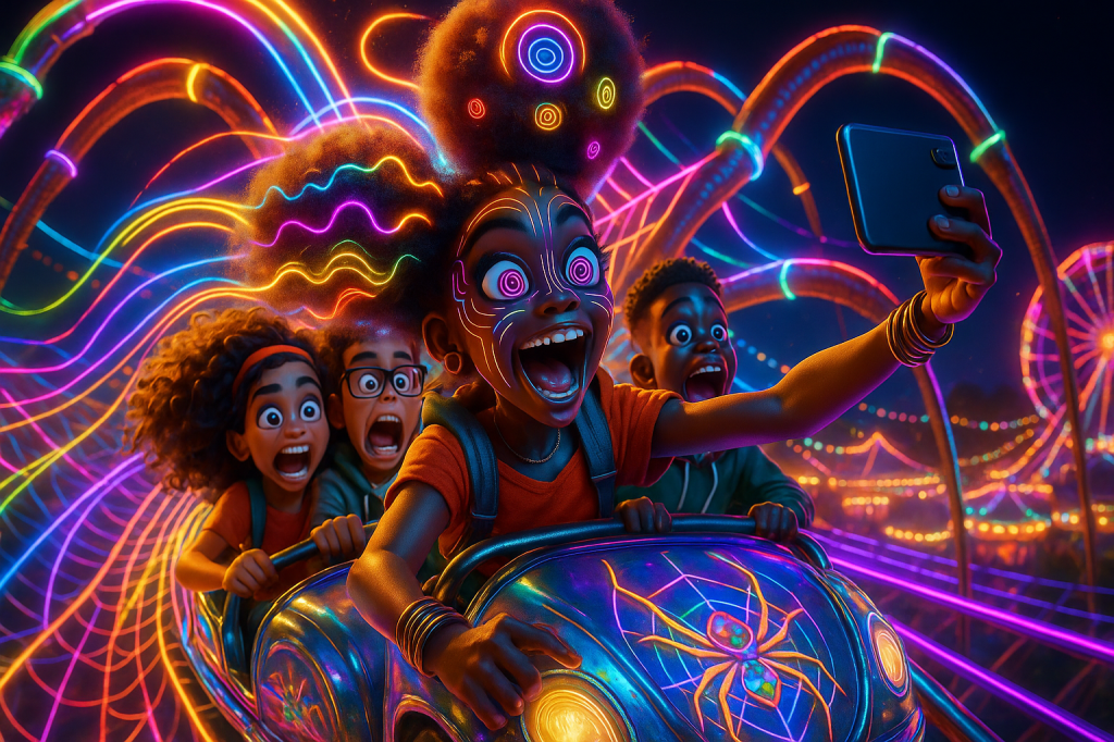 A group of four children enjoying a roller coaster ride at a vibrant carnival, with colourful lights and a festive atmosphere. The child in the front is taking a selfie, while the others express excitement and joy.