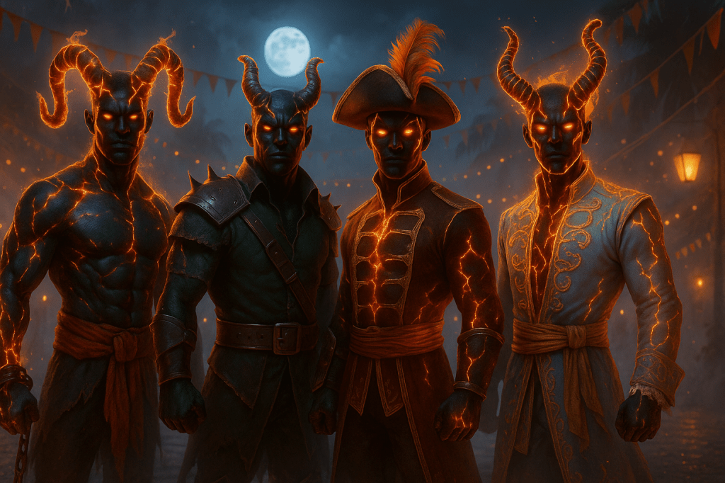 Four horned figures with glowing orange features, dressed in various historical styles, stand together in a dimly lit environment, with a full moon in the background.