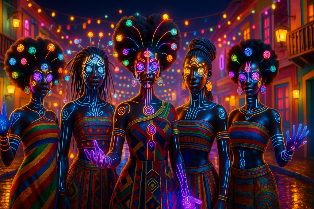 Five women with glowing body art and vibrant hairstyles, dressed in traditional fabrics, stand in a colourful street adorned with festive lights at night.