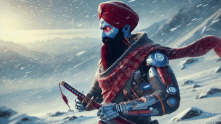 A robotic warrior in ethnic attire stands in a snowy landscape, holding a katana, with a vibrant red turban and scarf, under a bright sky.
