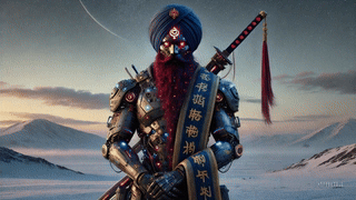 A futuristic warrior wearing a blue turban and a robotic suit, holding a sword, set against a snowy landscape with a distant mountain range and a crescent moon in the sky.