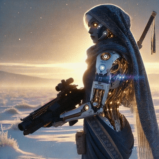 A futuristic robot warrior with a partially metallic body, dressed in a flowing scarf and holding a sci-fi weapon, stands against a glowing sunset backdrop in a snowy landscape.