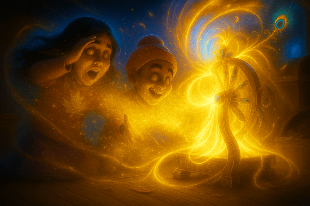 Two children marvel at a glowing spinning wheel surrounded by magical golden sparks in a darkened room.