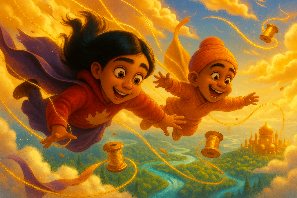 Two joyful children flying through a vibrant sky, adorned with clouds and golden light, holding spools of thread as they soar above a lush landscape and distant palace.