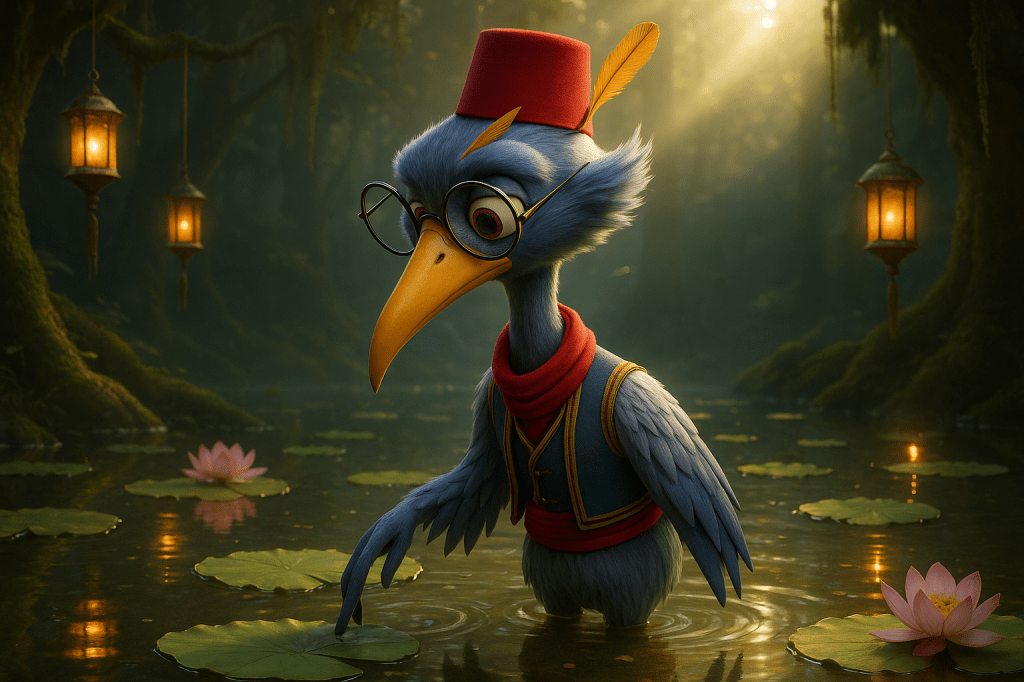 A whimsical bird character wearing glasses and a red fez, standing in a tranquil pond surrounded by lily pads and softly glowing lanterns, set in a lush forest environment.