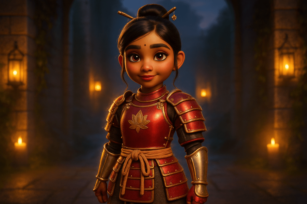 A young girl in ornate red and gold samurai-style armour, smiling confidently in a dimly lit stone corridor with lanterns, exuding a sense of bravery and adventure.
