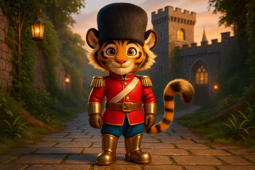 A cartoon tiger dressed as a royal guard, wearing a red uniform with gold accents and a tall black hat, standing on a cobblestone path in front of a castle, surrounded by greenery and lanterns.