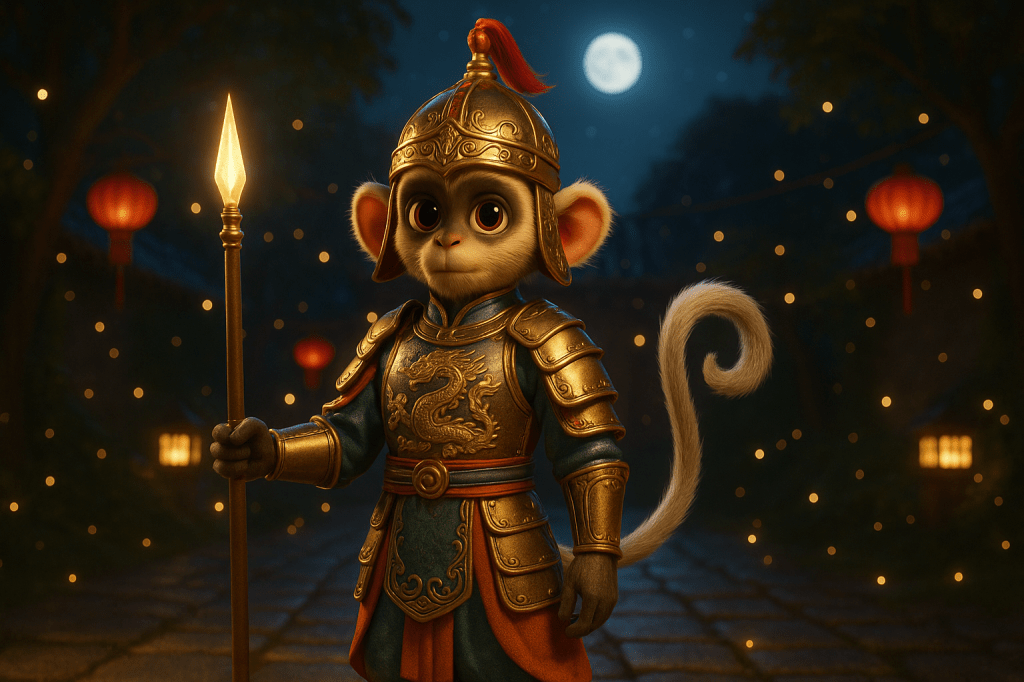A monkey dressed in ornate warrior armour, holding a spear, standing in a dimly lit street decorated with lanterns under a full moon.