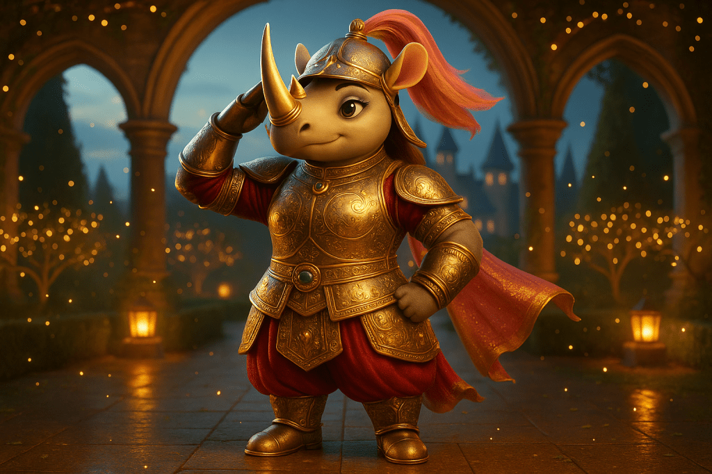 A cartoonish rhinoceros character dressed in shiny golden armour, saluting confidently. The background features a magical castle setting with softly glowing lights and lush greenery.
