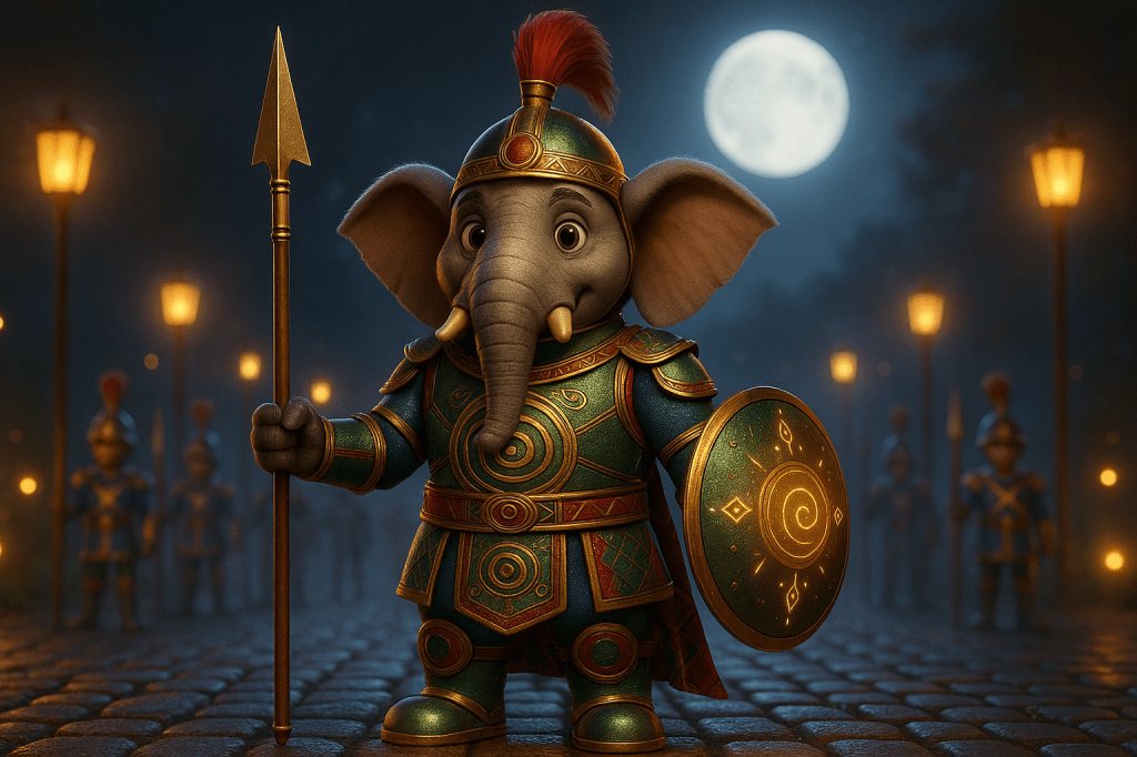 A cartoon elephant in ornate warrior attire, holding a spear and shield, stands confidently on a cobblestone path. Lanterns illuminate the scene, with silhouettes of other soldiers in the background under a full moon.