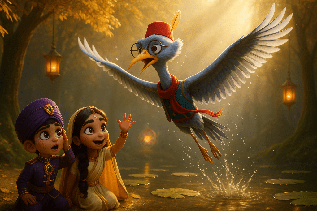 A whimsical scene featuring two children, a boy and a girl, in a magical woodland setting, watching in awe as a brightly coloured bird with glasses and a fez takes flight above a pond surrounded by lily pads.