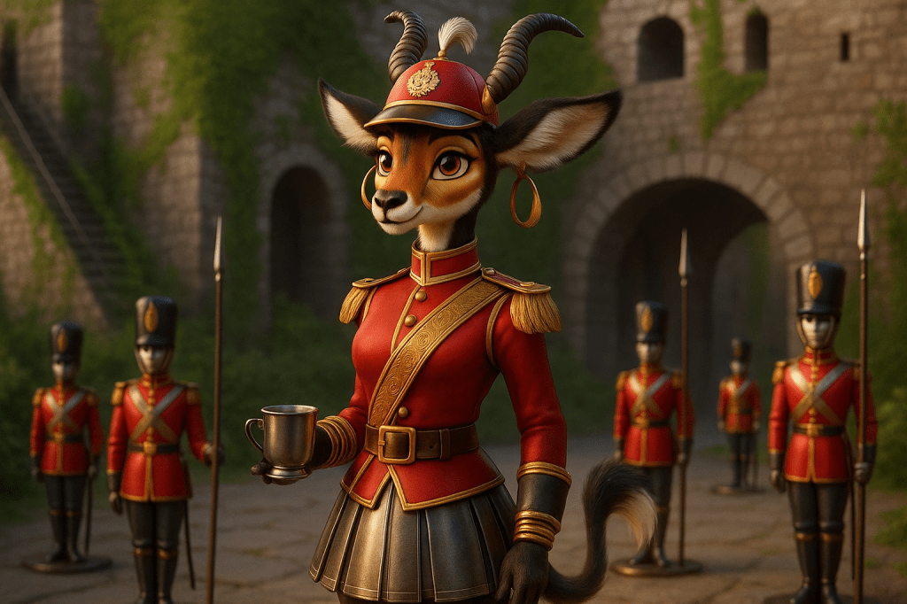 A stylised anthropomorphic goat in a red military uniform holding a cup, standing in front of a stone castle with green vines, flanked by toy soldiers in similar uniforms.
