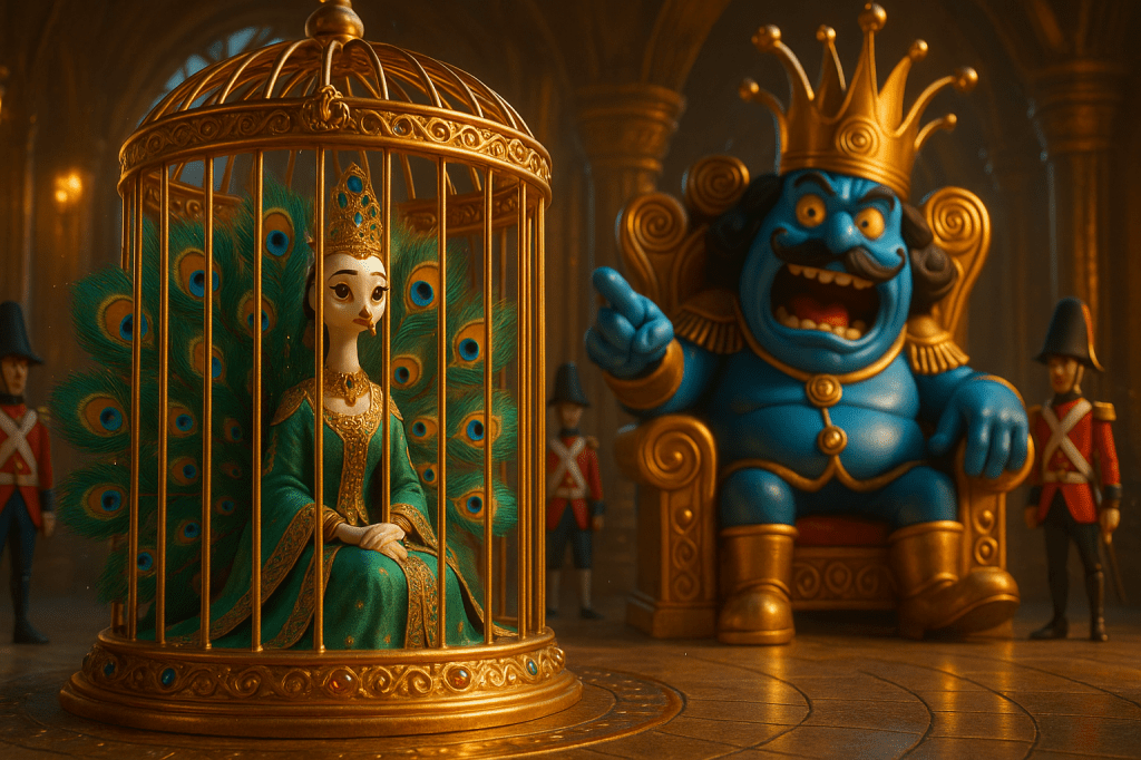 A stylised animated scene featuring a peacock princess in a golden cage, adorned in vibrant green attire, while a blue, chubby king with a crown and a laughing expression sits on a throne nearby. Toy soldiers stand in the background.