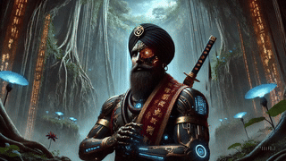 A futuristic warrior with a robotic arm and cybernetic eye, wearing traditional attire including a turban and decorative sash, stands amidst a lush, mystical forest with glowing mushrooms and ancient trees.