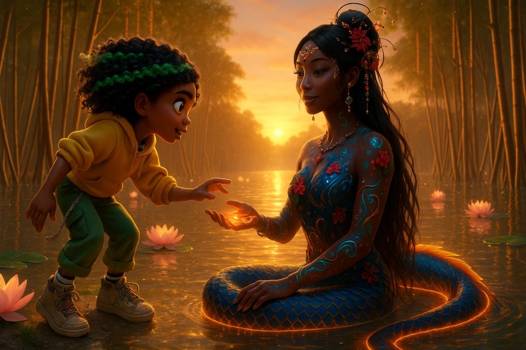 A young child with curly hair touches the hand of a mystical woman adorned with intricate body paint and floral decorations, sitting by a serene waterway during sunset, surrounded by water lilies.