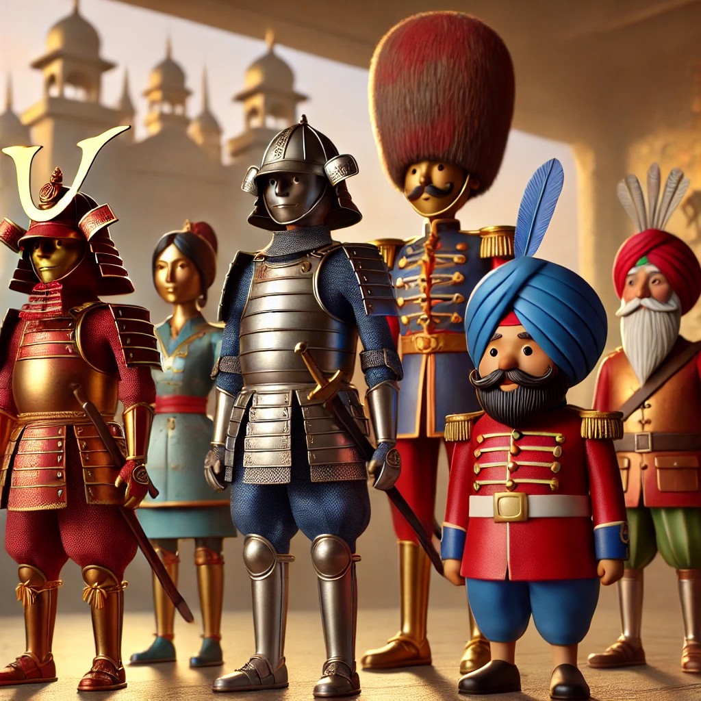 A group of colourful toy-style figures dressed in historical military and traditional attire, including samurai, infantry, and a woman in a long dress, set against a blurred backdrop resembling a historical building.