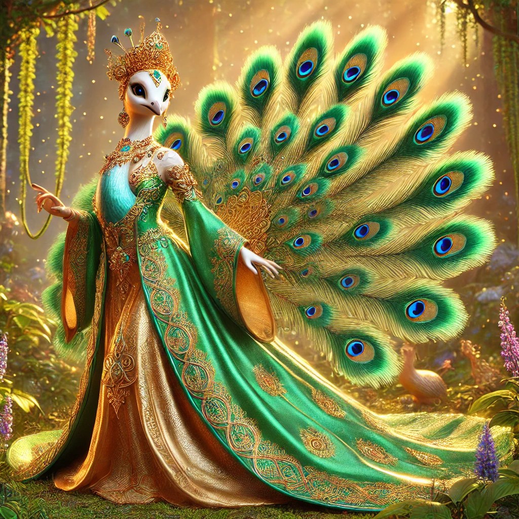 A majestic peacock character in an elaborate green and gold gown with intricate designs, standing elegantly in a lush forest setting with a vibrant peacock tail display.