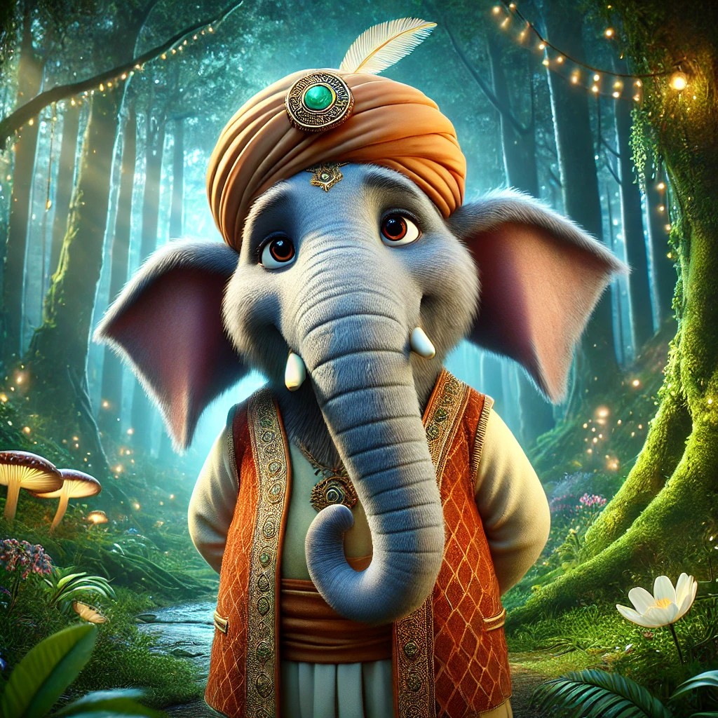 A cartoon elephant character wearing an ornate turban and traditional clothing, standing in a lush, magical forest with soft lighting and whimsical elements.