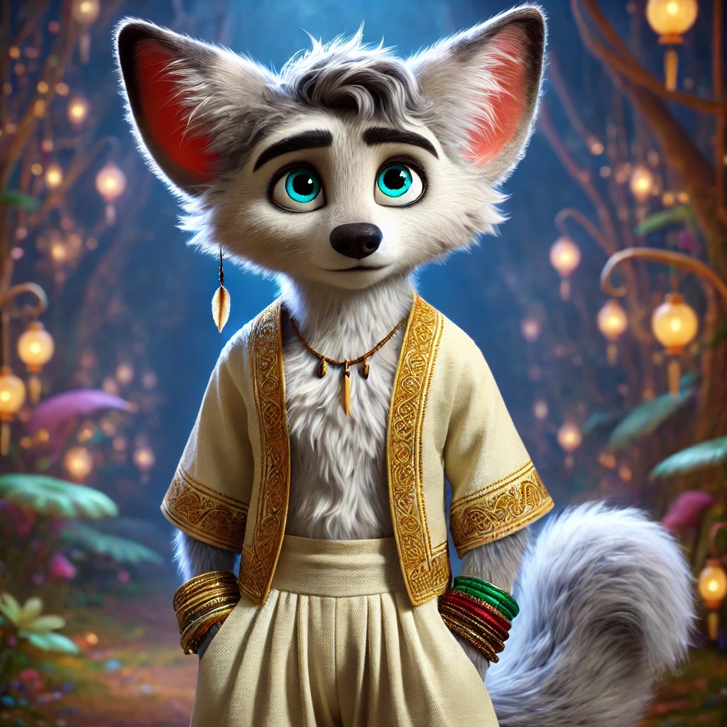 A cartoon fox character with big blue eyes, light grey fur, and large ears. It is dressed in traditional clothing with a gold-trimmed jacket and loose trousers. The character also wears several colourful bangles and a necklace, set against a magical, illuminated forest background.