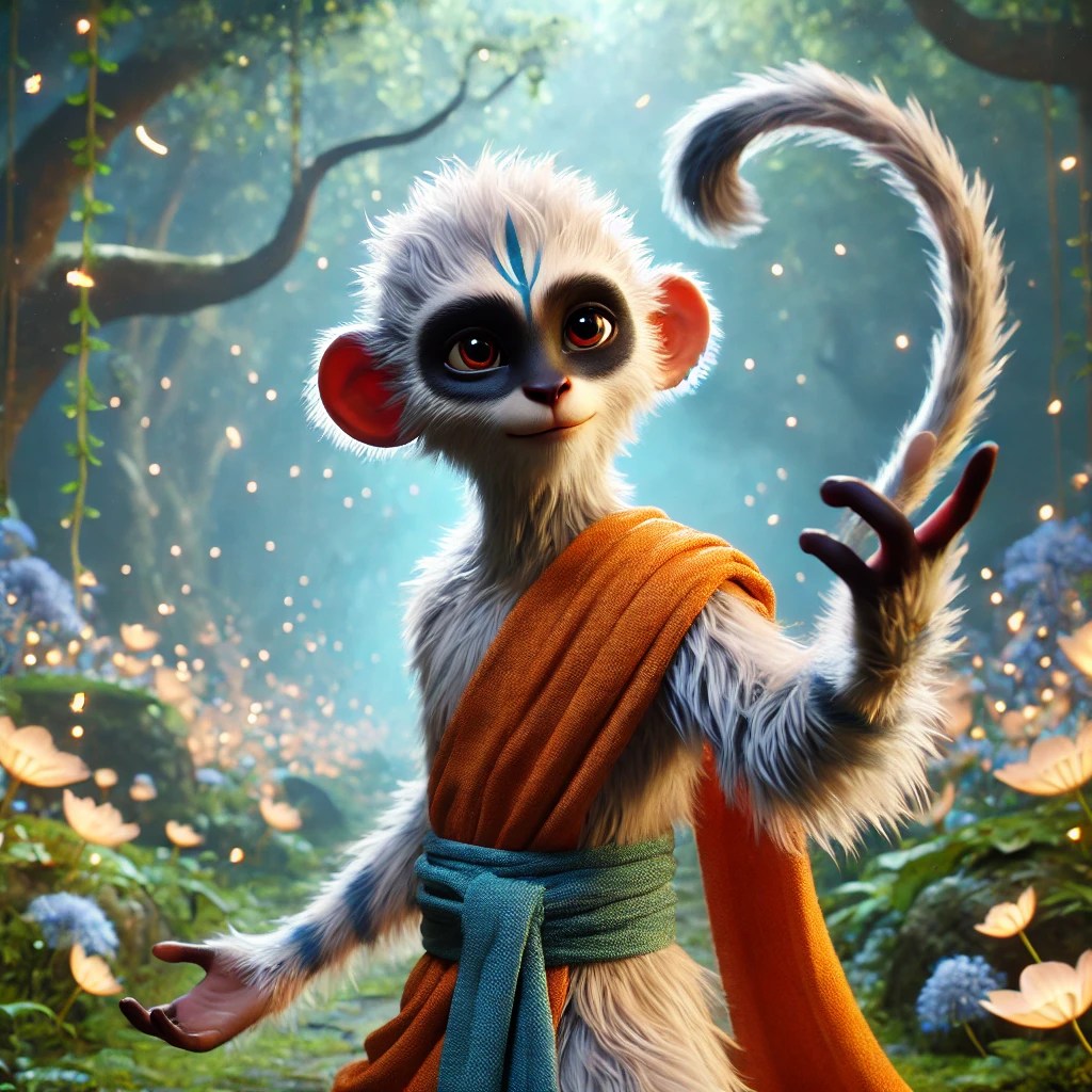 A whimsical cartoon monkey character with grey fur, large expressive eyes, and a playful stance, wearing an orange and blue robe, set in a magical forest environment with glowing insects and lush greenery.