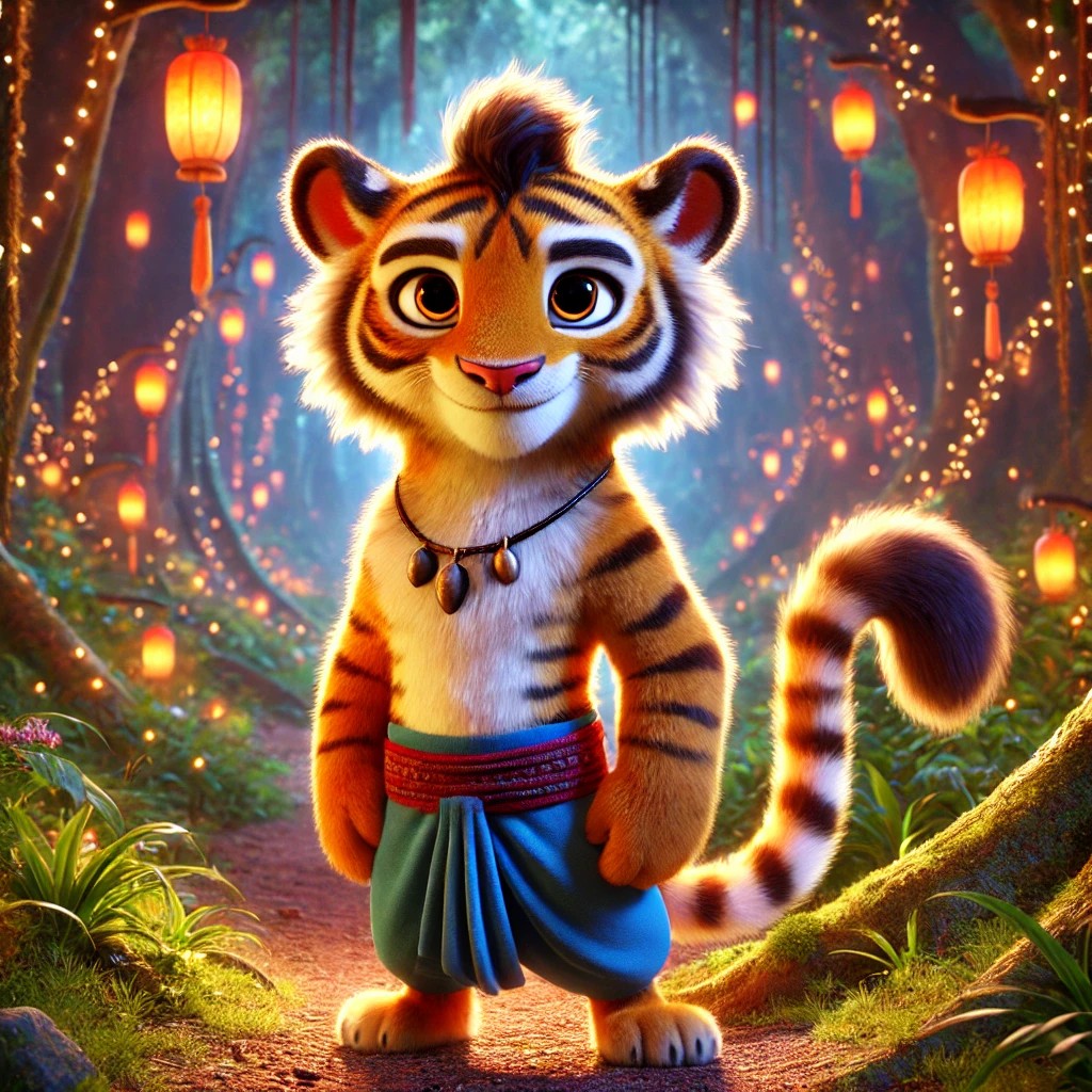 A cartoon tiger character standing confidently in a vibrant forest, adorned with lanterns and twinkling lights. The tiger wears a traditional outfit with a necklace, showcasing a friendly and playful expression.