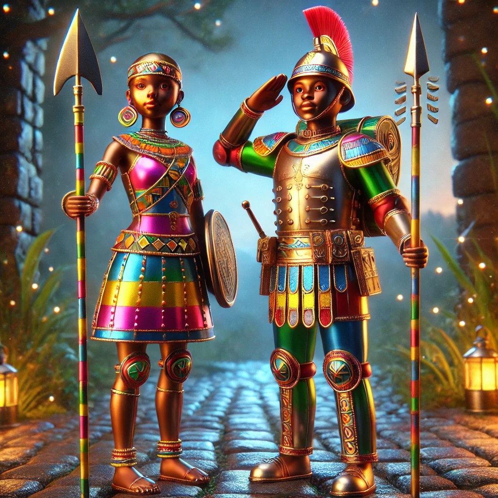 A colourful warrior couple, with the woman holding a spear and shield, wearing a vibrant traditional outfit, while the man salutes sporting a bronze and green armoured suit with a feathered helmet.