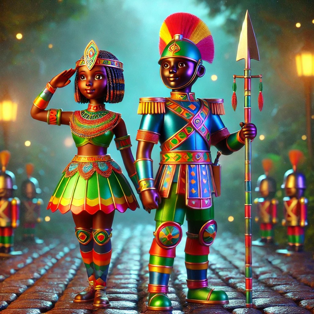 A vibrant and colourful depiction of a male and female character in traditional attire, with the female character saluting and wearing a detailed crown and intricate jewellery, while the male character stands confidently holding a spear, both set against a backdrop of softly lit lanterns.