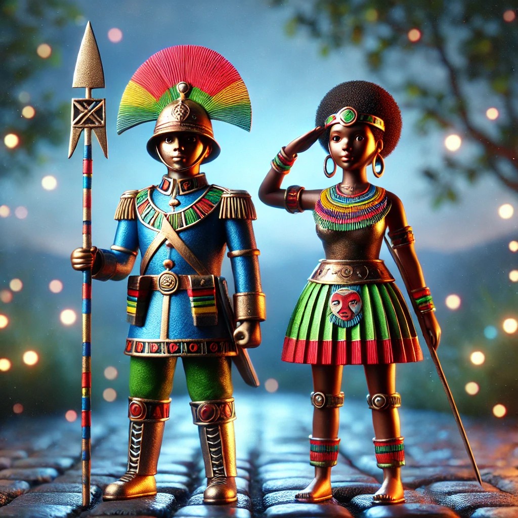 Two stylised figurines representing a warrior and a woman in traditional attire, set against a backdrop of soft lighting and blurred foliage. The warrior wears a vibrant uniform with a feathered helmet and holds a spear, while the woman dons a colourful skirt and jewellery, saluting.