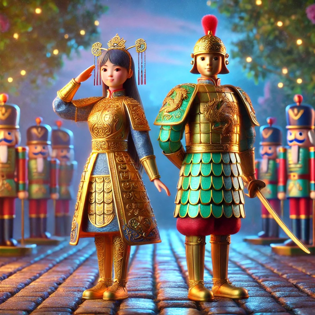 A female figure in ornate golden attire saluting, alongside a male figure wearing green and gold armour, with toy soldiers in the background.