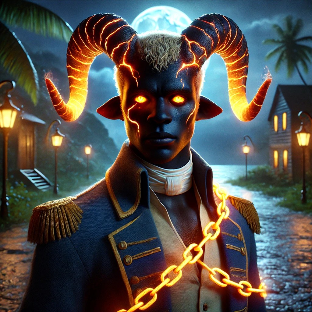 A humanoid figure with ram-like horns and glowing orange eyes, wearing a blue military-style coat with golden epaulettes. The background features a moonlit street with palm trees and lanterns.