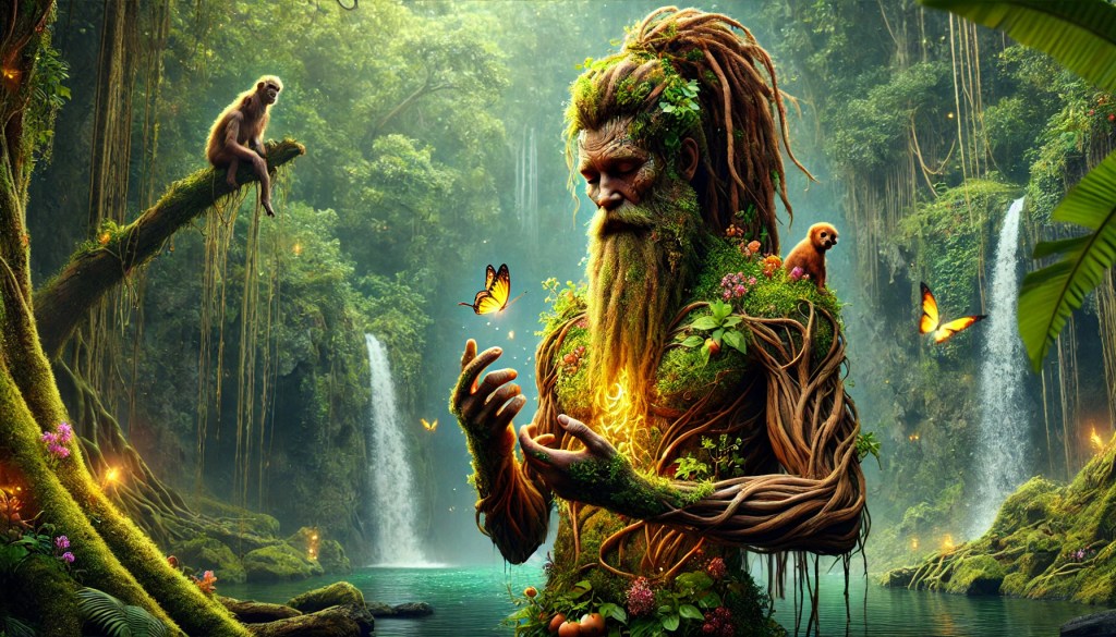 A mystical forest scene featuring a humanoid figure made of plants and vines, resembling a guardian of nature, with a long beard and hair intertwined with foliage. The figure is surrounded by butterflies and small animals, including monkeys, set against a backdrop of lush greenery and waterfalls.