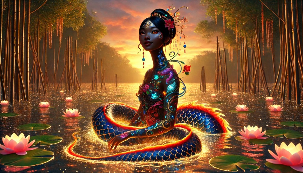 A beautifully detailed fantasy scene featuring a mermaid-like figure with intricate body art, seated in a serene body of water surrounded by blooming water lilies. The background showcases a vibrant sunset and lush greenery, creating a mystical atmosphere.