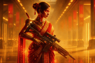 A woman in a traditional red sari, holding a modern weapon, stands confidently in a dimly lit corridor with glowing decorations.