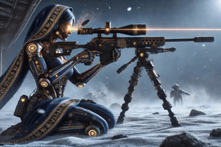 A futuristic robotic figure, dressed in a blue and gold outfit, kneels in a snowy environment while aiming a sniper rifle. The robot is equipped with advanced optics and a laser sight, with another figure visible in the background.