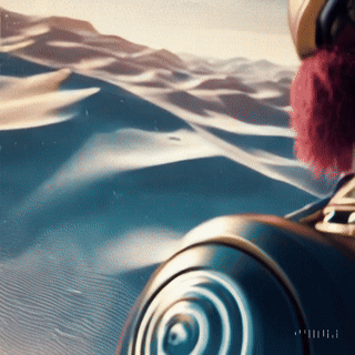 A futuristic robot stands on a sandy landscape, overlooking rolling dunes under a soft-lit sky.