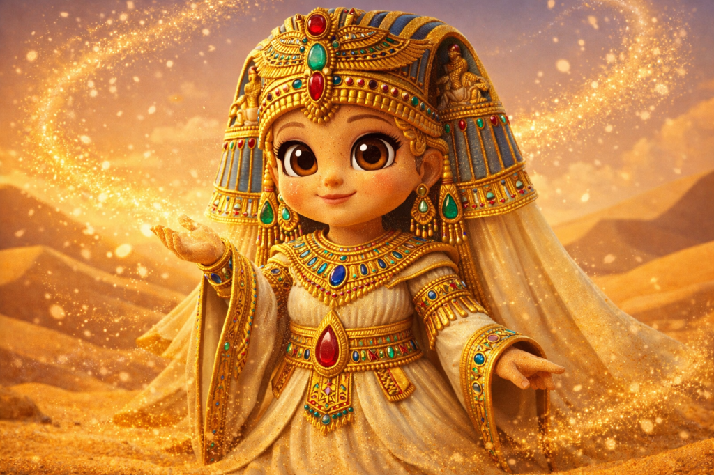 A cute cartoon character dressed in ancient Egyptian attire, adorned with gold and jewels, standing in a desert and casting magical sparkles.